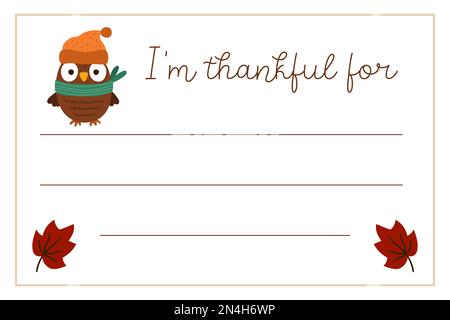 Vector-Thanksgiving-Karte. Ich bin dankbar für die horizontale Briefvorlage mit süßem truthahn, Eule, Igel. Rahmendesigns für die Herbstferien für Kinder. Stock Vektor