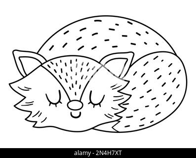 Süßer schwarz-weißer schlafender Fuchs. Vektorumriss Herbstzeichen isoliert auf weißem Hintergrund. Herbstkollektion „Woodland Animal Icon“ für Aufdruck, stic Stock Vektor