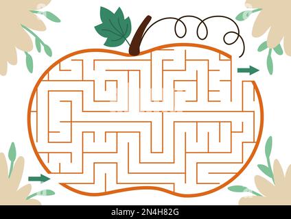 Thanksgiving-Labyrinth für Kinder. Ausdruckbare Aktivitäten im Herbst oder an Halloween-Feiertagen für Vorschulkinder. Ein geometrisches Labyrinth oder ein Puzzle in Form einer Pumpe Stock Vektor