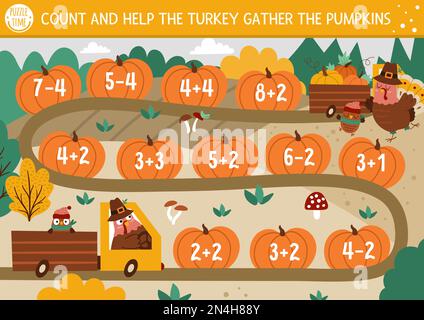 Thanksgiving-Tag Würfel zählen Brettspiel für Kinder mit süßem truthahn, die ein Auto mit Kürbissen fahren. Herbstfest mit Zahlen. Herbst-Mathe Stock Vektor