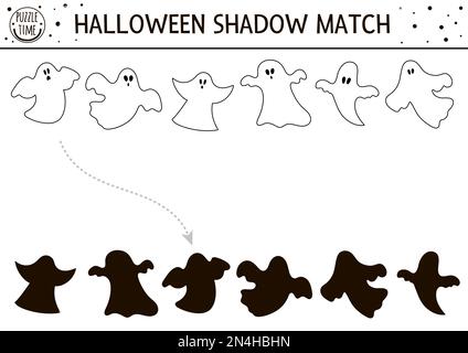Halloween-Schwarz-Weiß-Schattenspiel. Ein Puzzle aus der Herbstlinie mit Geist. Malseite oder Spiel für Kinder mit gruseligen Spionen. Finden Sie den richtigen silh Stock Vektor