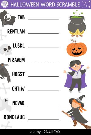 Vector-Halloween-Wörterverschlüsselung-Aktivitätsseite. Englischsprachiges Spiel mit süßer Hexe, Laterne, Vampir für Kinder. Herbstferien Familienquiz. Einfach Stock Vektor