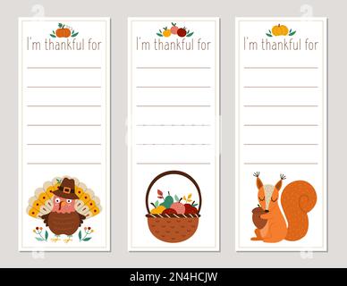 Vector Thanksgiving Karten Set. Ich bin dankbar für die vertikale Vorlagensammlung mit süßem truthahn, Kürbis, Eule, Igel. Herbstferien oder Bücherregal Stock Vektor