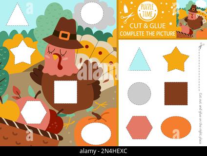 Vector Thanksgiving-Tag-Schnitt und Klebstoff-Aktivität. Kunsthandwerksspiel im Herbst mit niedlicher Farm-Ernte-Szene mit truthahn. Lustige Farben- und Formerkenntnisse zum Ausdrucken Stock Vektor