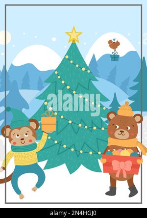 Vektor-Winterwald mit niedlichen Tieren, Tannenbaum, Schnee. Lustige Weihnachtskarte mit Waldmotiv oder Titelblatt mit Bär, Affe, Geschenken. Flaches neues Y Stock Vektor