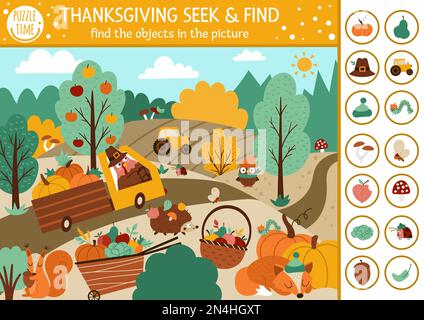 Vector Thanksgiving Suchspiel mit niedlichen Tieren auf dem Bauernhof. Suchen Sie verborgene Objekte im Bild. Einfache Suche und Suche im Herbst lehrreich PR Stock Vektor