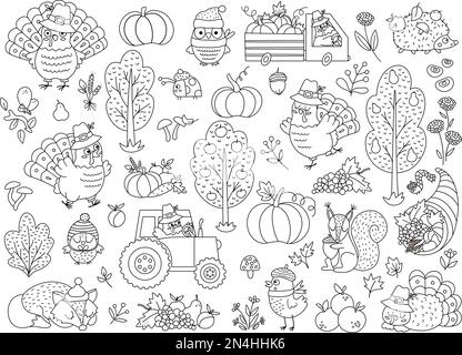 Vector Thanksgiving-Elemente in Schwarz und Weiß. Herbstkollektion mit truthahn, Tieren, Ernte, Hornhaut, Kürbissen, Bäume. Herbsturlaub Stock Vektor