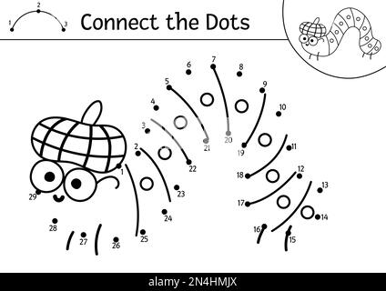 Vektor Punkt-zu-Punkt und Farbenaktivität mit niedlicher Raupe. Forest Connect the Dots Spiel für Kinder mit lustigen Insekten im karierten Hut. Waldfarbe Stock Vektor