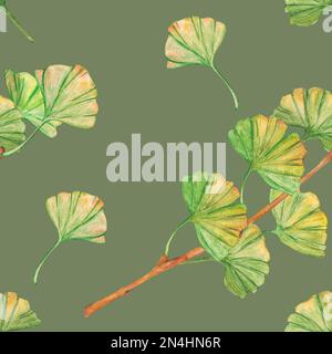 Ginkgo Biloba grüne und gelbe Blätter mit nahtlosem Muster, bedrucktes Blattwerk in der Botanik. Aquarelle. Botanical Elements for Logo, Label and Packaging de Stockfoto