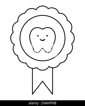 Schwarz-weiße Vektormedaille mit lächelndem Zahn. Vektorlinienabzeichen zur zahnärztlichen Versorgung oder Zahnwechsel bei Kindern. Zahnarzt-Baby-Klinik-Clipart Stock Vektor