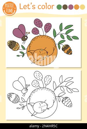 Waldfarbenseite für Kinder mit Schlaffuchs, Zapfen. Vektorwald-Umriss mit niedlichem Tier. Ein liebenswertes Farbbuch für Kinder mit CO Stock Vektor