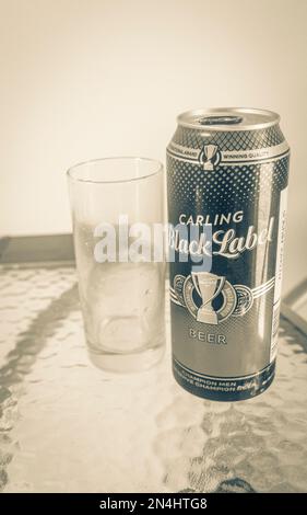 Carling Black Label Bierkannen und -Glas auf weißem Hintergrund in Kapstadt Südafrika. Stockfoto