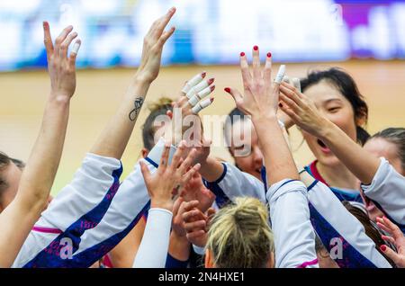 Schwerin, Deutschland. 08. Februar 2023. Volleyball, Frauen: CEV Cup, SSC Palmberg Schwerin – SDB Scandicci, Viertelfinale, Second Legs, ARENA Schwerin. Die Spieler von SDB Scandicci jubeln nach ihrem Sieg. Kredit: Jens Büttner/dpa/Alamy Live News Stockfoto