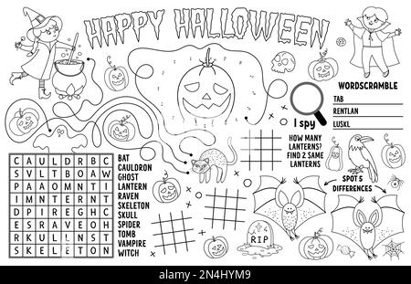 Vector Halloween Tischset für Kinder. Im Herbst ausdruckbare Spielmatte mit Labyrinth, Tic tac TOE Charts, verbinde die Punkte, finde den Unterschied. Schwarz und weiß Stock Vektor