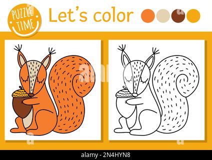 Waldfarbenseite für Kinder mit Eichhörnchen. Vektor-Herbstferien mit niedlichem Tier. Waldfarbenbuch für Kinder mit Colore Stock Vektor