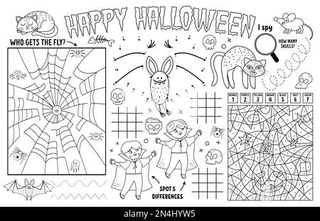 Vector Halloween Tischset für Kinder. Im Herbst ausdruckbare Spielmatte mit Labyrinth, Tic tac TOE Charts, verbinde die Punkte, finde den Unterschied. Schwarz und weiß Stock Vektor