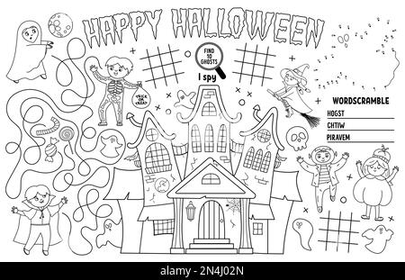 Vector Halloween Tischset für Kinder. Im Herbst ausdruckbare Spielmatte mit Labyrinth, Tic tac TOE Charts, verbinde die Punkte, finde den Unterschied. Schwarz und weiß Stock Vektor