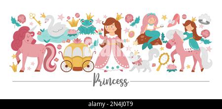 Horizontaler Vektorrand mit niedlichen Fantasie-Prinzessin-, Einhorn- und Märchenelementen. Mittelalterliches Märchen-Kartendesign mit süßem magischen Zeichen Stock Vektor