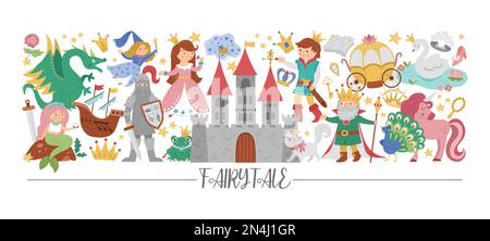 Horizontaler Vektorrahmen mit niedlichen Märchenfiguren und Objekten. Märchenhafte Kartenvorlage mit Prinzessin und Prinz. Süßes Fantasieschloss Stock Vektor