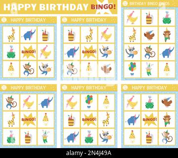 Vector Happy Birthday Bingo-Karten-Set. Lustiges Familien-Lotto-Brettspiel mit niedlichen Tieren, Ballons, Kuchen für Kinder. Weihnachtsfeier-Lotterie-Aktivitäten. Ganz Einfach Stock Vektor