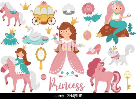 Märchenprinzessinnen-Kollektion. Große Vektorgruppe von Fantasy Girl, Kutsche, Meerjungfrau, Einhorn Froschprinz, Schwan. Mittelalterliches märchenhaftes Zimmermädchenpaket. Mädchenhaft ca. Stock Vektor