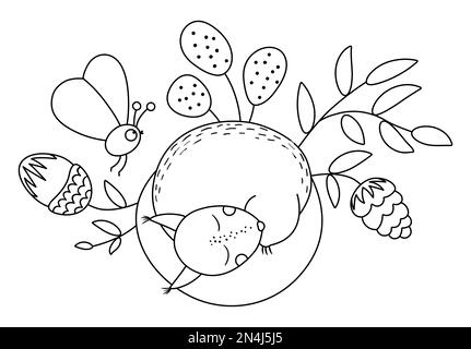 Vektor schwarz-weißes schlafendes Eichel mit Eichel, Zapfen, Insekten, Blättern. Lustige Herbstszene mit Waldtieren. Süße Waldlinie Illustrat Stock Vektor