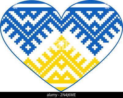 Ukrainische Flagge - Herzform mit Vyshyvanka-Vektormuster, nahtloses Muster, traditionelles Prägedesign. Stockfoto