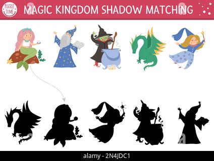 Märchenhafte Schattenaktivitäten, die mit Meerjungfrau, Drache und Fee zusammenpassen. Magisches Königreich Puzzle mit niedlichen Figuren. Suchen Sie das richtige Arbeitsblatt zum Ausdrucken der Silhouette Stock Vektor
