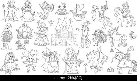 Märchenhafte Schwarz-Weiß-Figuren und -Objekte. Großer Vektor mit Fantasie Prinzessin, König, Königin, Hexe, Ritter, einhorn, Drache. Stock Vektor