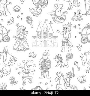 Nahtloses Schwarz-Weiß-Muster mit märchenhaften Figuren und Objekten. Wiederhole den Hintergrund der Fantasie Prinzessin, König, Königin, Hexe, Ritter, Stock Vektor