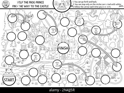 Märchenhaftes Brettspiel mit Schwarzweiß-Würfeln und mittelalterlicher Dorfkarte. Magisches Reich-Spiel. Märchenaktivität, ausdruckbares Arbeitsblatt für Kinder. Stock Vektor