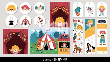 Niedliche Zirkuskarten mit Clown, Künstlern, Tieren. Vector Street Show quadratische, runde, vertikale Druckvorlagen. Vergnügungspark oder Geburtstagsparty Stock Vektor
