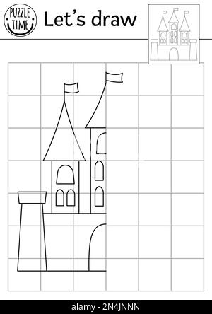 Vervollständigen Sie das Schlossbild. Arbeitsblatt zur symmetrischen Zeichenübung im Märchen. Bedruckbare Schwarz-Weiß-Aktivitäten für Vorschulkinder. Kopieren Sie den Stock Vektor