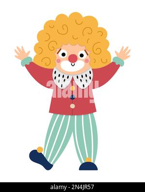 Vektor-Clown-Symbol. Zirkuskünstler-Clipart. Ein amüsanter Feiertagsmensch. Süße, lustige Festivalcharaktere Clip-Art. Straßenshow-Comedian-Illustration mit Händen Stock Vektor