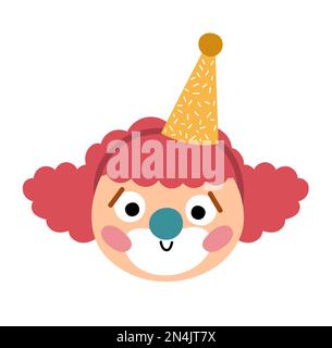 Vektor-Clown-Gesicht. Zirkuskünstler-Avatar-Clipart. Symbol für Vergnügungsurlaub. Süße, lustige Festivalcharaktere Clip-Art. Straßenshow-Comedian-Illustration Stock Vektor
