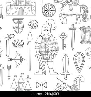 Märchenwelt in Schwarz und Weiß mit nahtlosem Muster. Wiederholen Sie den Hintergrund mit einem Fantasy-bewaffneten Krieger und einer Burg. Märchenhafter Soldat, digitaler Pa Stock Vektor