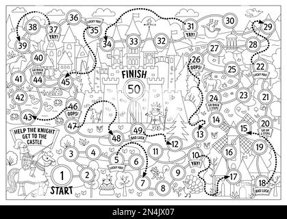 Schwarz-Weiß-Würfel-Brettspiel mit mittelalterlicher Landschaft. Magisches Reich-Spiel. Märchenaktivität, ausdruckbares Arbeitsblatt für Kinder. C Stock Vektor