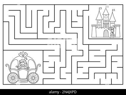 Märchenhaftes schwarz-weißes Labyrinth für Kinder mit fantasievollen Figuren. Magisches Königreich Vorschule druckbare Aktivität mit Kutsche, Schloss. Geometrisches Labyrinth Stock Vektor