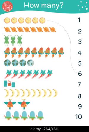 Weltraumzählspiel. Mathematik-Aktivitäten für Vorschulkinder mit Planeten, Rakete, Aliens, Sternen. Anzahl der Objekte, die auf ein Arbeitsblatt gedruckt werden können. Bildungsastro Stock Vektor