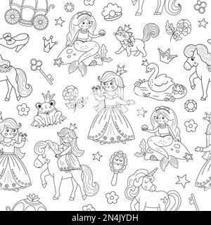 Märchenhafte schwarze und weiße Prinzessin mit nahtlosem Muster. Wiederhole den Hintergrund mit Fantasy Girl, Kutsche, Meerjungfrau, Einhorn-Froschprinz, Schwan. Umriss Stock Vektor