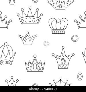 Schwarz-Weiß-Märchen krönen nahtloses Muster. Vektorlinien wiederholen den Hintergrund mit fantasievollen King- oder Queen-Accessoires. Digitales Papier mit Autorität Stock Vektor