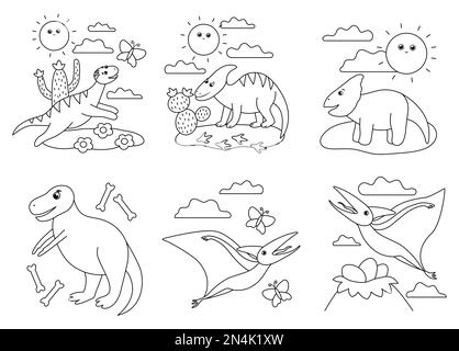 Schwarze und weiße Szenen mit süßen Dinosauriern. Illustration mit Dinos, die spielen, fliegen, laufen. Lustige prähistorische Reptilien-Illustration oder Malerei Stock Vektor