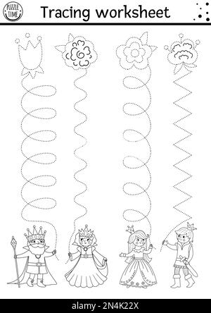 Vektor-Magie-Königreich Handschrift-Übungsblatt. Märchenhafte Aktivität in Schwarz und Weiß. Fantasy-Tracing-Spiel für Schreibfähigkeiten mit niedlichem P Stock Vektor