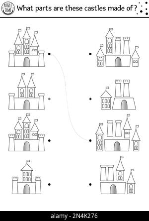 Schwarz und Weiß finden Unterschiede, logisches und passendes Spiel für Kinder. Märchenhafte pädagogische Aktivität mit Schlössern. Druckbares Arbeitsblatt für Teile suchen. Mag Stock Vektor