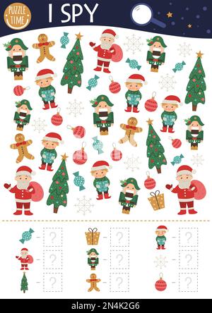 Weihnachten sehe ich Kinderspiele. Suchen und Zählen von Aktivitäten für Vorschulkinder mit traditionellen Neujahrsobjekten. Witzige Winter-Druckarbeit Stock Vektor