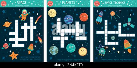 Kreuzworträtsel im Vektorraum gesetzt. Farbenfrohes Quiz für Kinder. Puzzle-Aktivität mit UFO, Planeten, Stern, Astronauten, Kometen, Rakete, Asteroid, Weltraum Stock Vektor