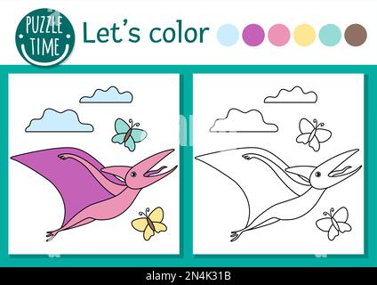 Prähistorische Malseite für Kinder. Süße lustige Szene mit Pterodactyl, Nest mit Eiern, Wolken. Vektor-Jurassic-Periodendarstellung. Dino c Stock Vektor