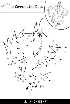 Vektor Punkt-zu-Punkt und Farbenaktivität mit niedlichem Drachen. Das magische Königreich verbindet das Dots-Spiel für Kinder mit Fantasy-Kreatur. Märchenhafte malerin pag Stock Vektor