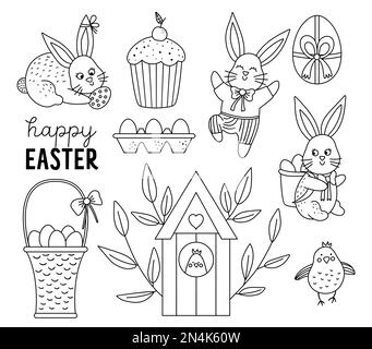 Schwarz-weiße Osterhasen mit Korb, Huhn, Kuchen, Karotten. Darstellung der Frühlingskaninchen. Christian Holiday Line steht für colle Stock Vektor