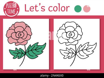 Magische Reich-Malseite für Kinder mit Rose. Ein märchenhaftes Vektorbild mit niedlicher rosa Blume. Farbbuch für Kinder mit farbigen Prüfungen Stock Vektor